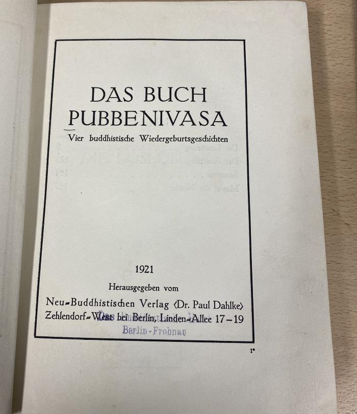 00/10323 : Das Buch Pubbenivasa : vier buddhistische Wiedergeburtsgeschichten (1921)