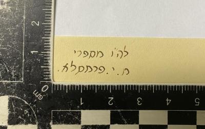 - (Premsela, M. J.), Von Hand: Autogramm; 'מ. י. פרמסלה לה'יו מספרי'.  (Prototyp)