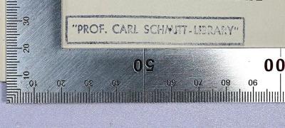 - (Bibliothek Carl Schmitt), Stempel: Name; '"Prof. Carl Schmitt-Library"'.  (Prototyp);A 1 / STO 101 : Soziologie als Lehrfach an deutschen Hochschulen (1926)