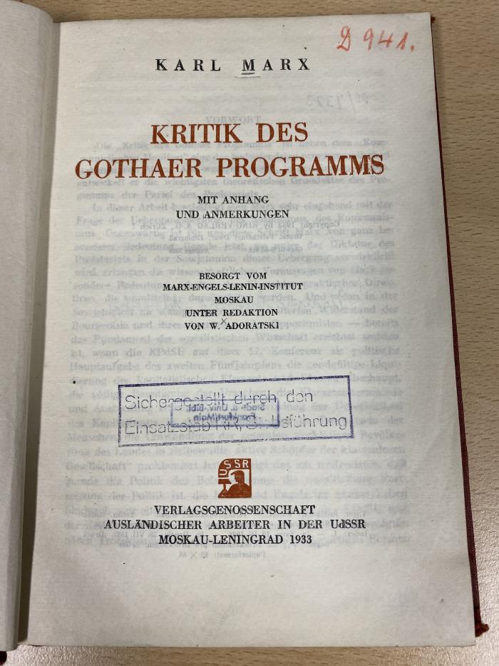 00/7323 : Kritik des Gothaer Programms : mit Anhang und Anmerkungen (1933)