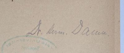 D /BUE 1 : Die Entwicklung der Hegelschen Sozialphilosophie (1920);- (Damm, Herm.), Von Hand: Autogramm, Name; 'Dr. Herm. Damm'. 