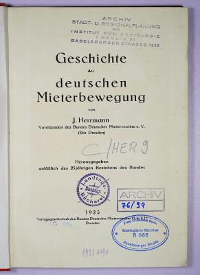 C / HER 9 : Geschichte der deutschen Mieterbewegung (1925)