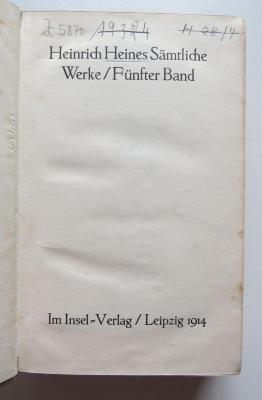 Z 5870 : 5 : Heinrich Heines Sämtliche Werke / Fünfter Band (1914)