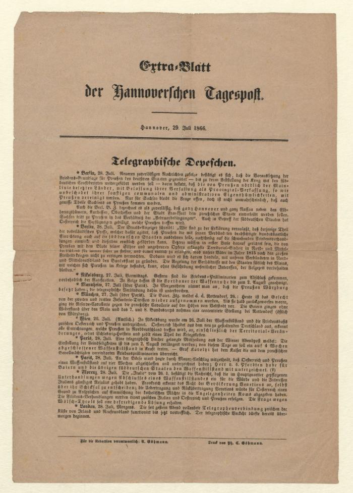 [ohne Signatur] : Extra Blatt der Hannoverschen Tagespost [Einblattdruck] (29.7.1866)