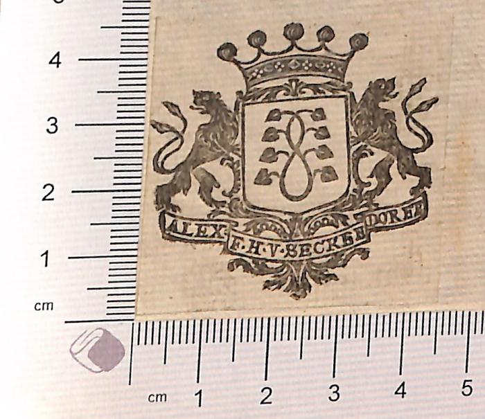 - (Seckendorff, Alex F. H. V.), Etikett: Exlibris, ; ' Alex F.H.V. Seckendorff'.  (Prototyp)