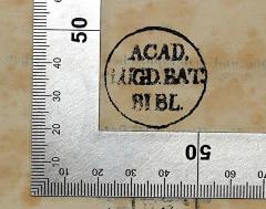 -, Stempel: Berufsangabe/Titel/Branche, Ortsangabe, Name; 'Acad. Lugd. Bat. Bibl.'