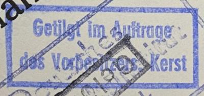 - (Antiquariat Kerst), Stempel: Besitzwechsel: ungültig, Besitzwechsel, Name, ; 'Getilgt im Auftrag des Vorbesitzers. Kerst'.  (Prototyp)