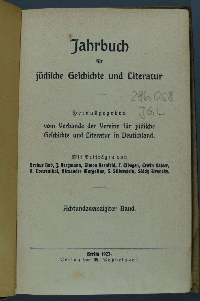 296.058 JGL : Jahrbuch für jüdische Geschichte und Literatur (1927)