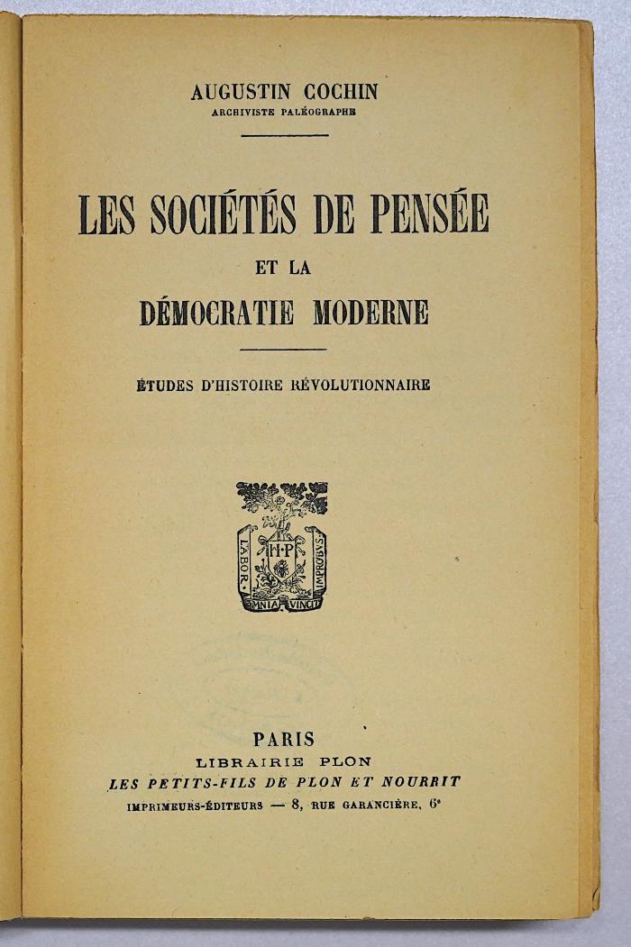 Be 757 : Les Sociétés de Pensée et la Démocratie Moderne (1919)