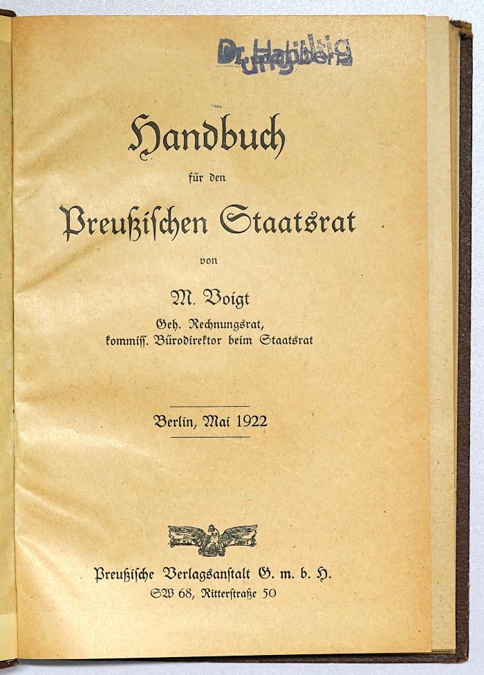 Be 850 : Handbuch für den Preußischen Staatsrat : Mai 1922 (1922)