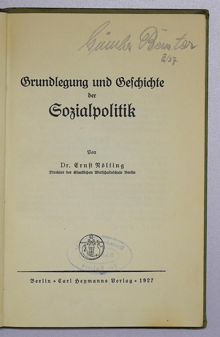 Be 862 : Grundlegung und Geschichte der Sozialpolitik (1927)