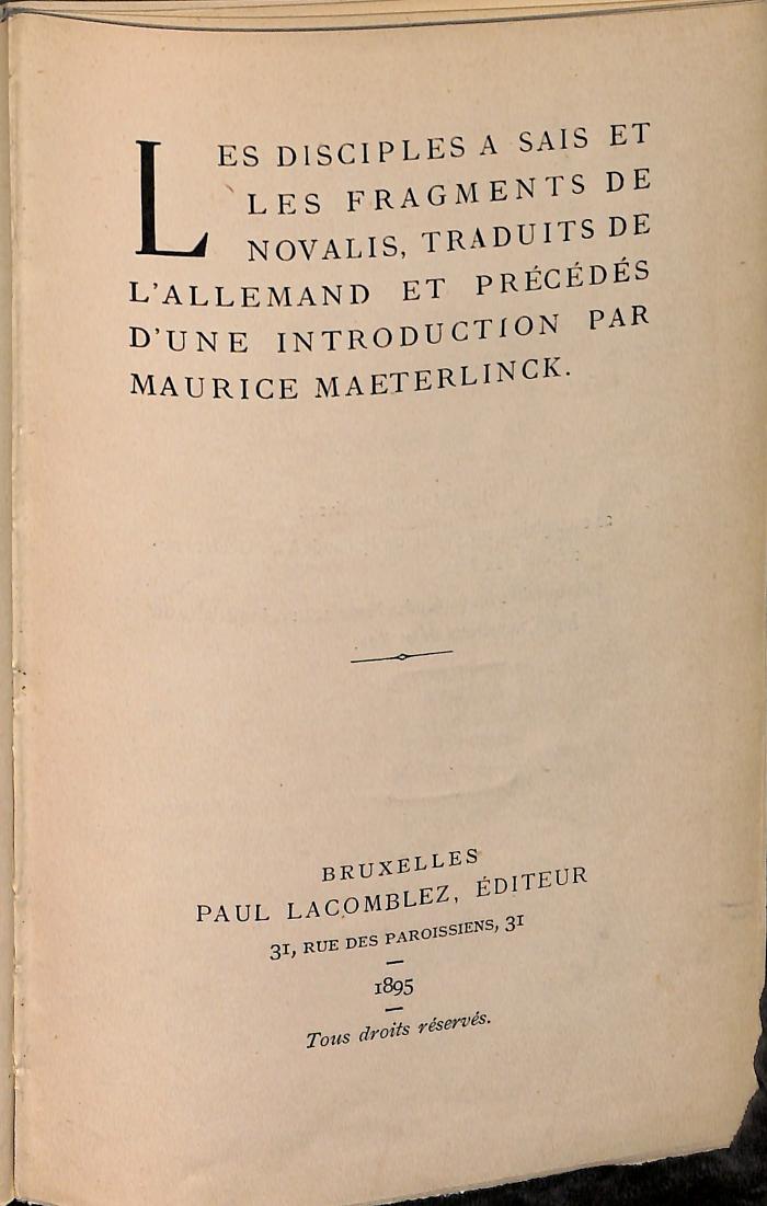 DLIT10925 : <> Disciples à Sais et Les Fragments (1895)