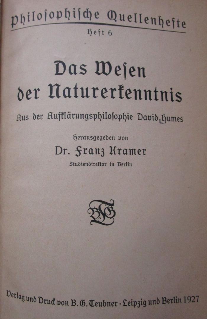 Hl 230: Das Wesen der Naturerkenntnis : aus der Aufklärungsphilosophie David Humes (1927)