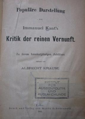 Hl 232: Populäre Darstellung von Immanuel Kant's Kritik der reinen Vernunft (1881)