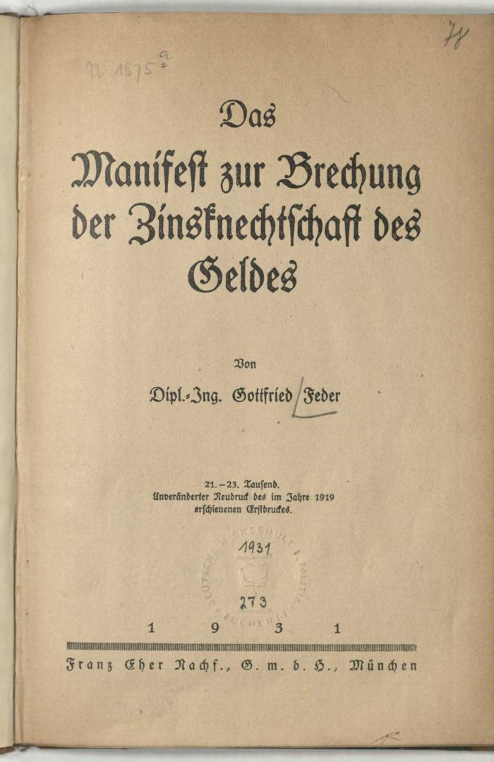 Z-0703 : Das Manifest zur Brechung der Zinsknechtschaft des Geldes (1931)