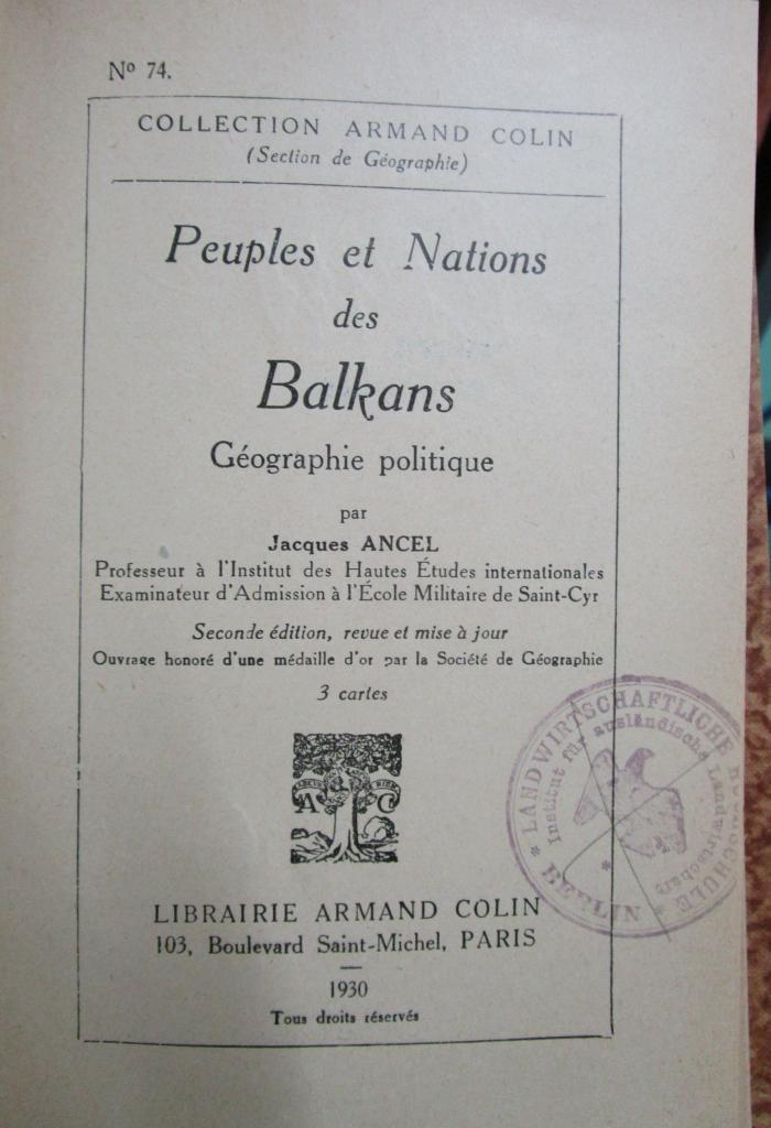 Bi 970 b: Peuples et Nations des Balkans : Géographie politique (1930)