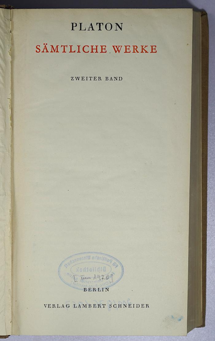 P 272-2a : Platon, Sämtliche Werke, 2. Band
 (1940)