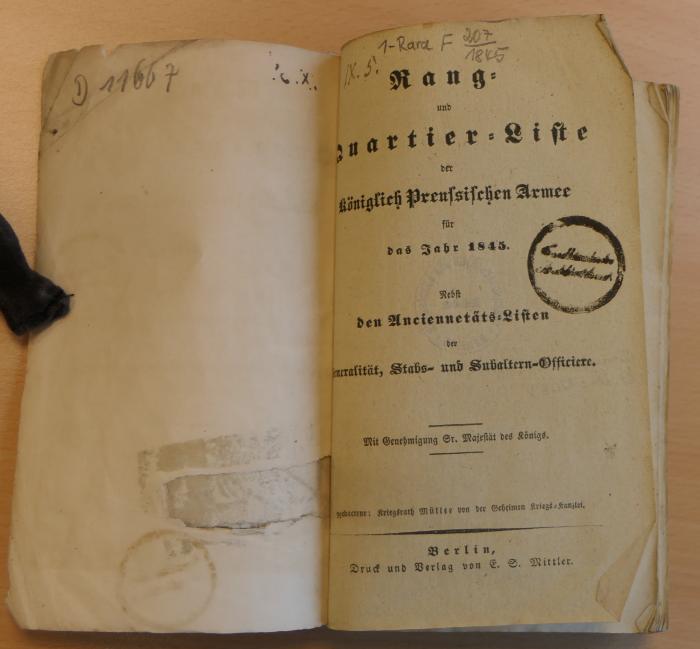 1-Rara F 207/1845 : Rang- und Quartier-Liste der Königlich Preußischen Armee für das Jahr 1845 : nebst den Anciennetäts-Listen der Generalität, Stabs- und Subaltern-Officiere (1845)