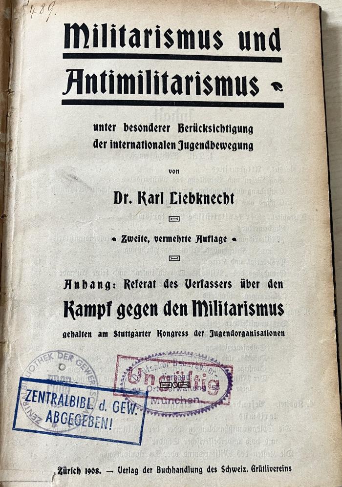 1971 A 16249 (Slg. Sozialistica): Militarismus und Antimilitarismus : Unter besonderer Berücksichtigung der internationalen Jugendbewegung  (1908)