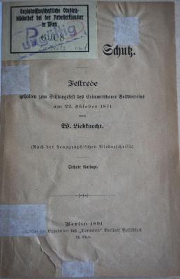 1971 A 19916 (Slg. Sozialistica): Zu Trutz und Schutz. : Festrede gehalten zum Stiftungsfest des Crimmitschauer Volksvereins am 22. Oktober 1871  (1891)