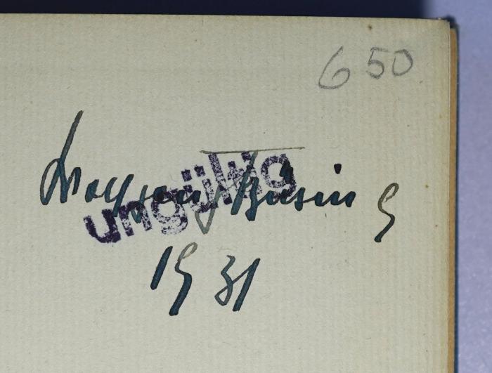 P 765 : Das Wesen der Religion : Dreißig Vorlesungen. (1923);- (Büsing, Wolfgang), Von Hand: Autogramm, Name, Datum; 'Wolfgang Büsing 1931'. 