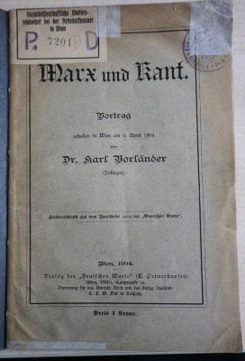 1971 A 19959 (Slg. Sozialistica): Marx und Kant : Vortrag gehalten in Wien am 08. April 1904 (1904)