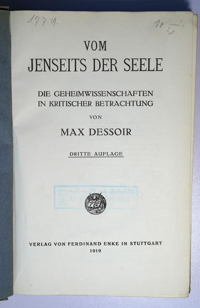 P 835 : Vom Jenseits der Seele. Die Geheimwissenschaften in kritischer Betrachtung (1919)