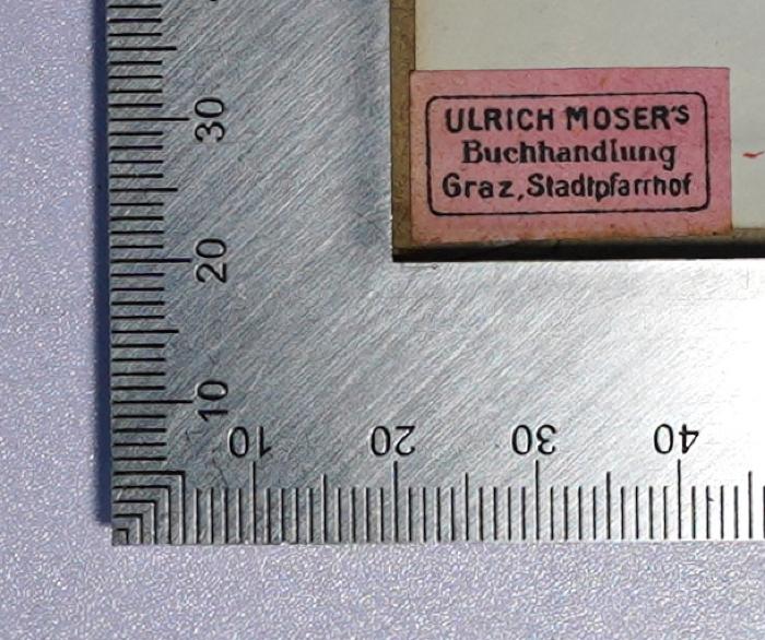 P 815 : Zur Geschichte der Psychoanalytischen Bewegung (1924);- (Ulrich Moser's Buchhandlung Graz), Etikett: Name, Ortsangabe, Berufsangabe/Titel/Branche; 'Ulrich Moser's Buchhandlung Graz Stadtpfarrhof'. 