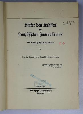 L 378b : Hinter den Kulissen des französischen Journalismus (1925)