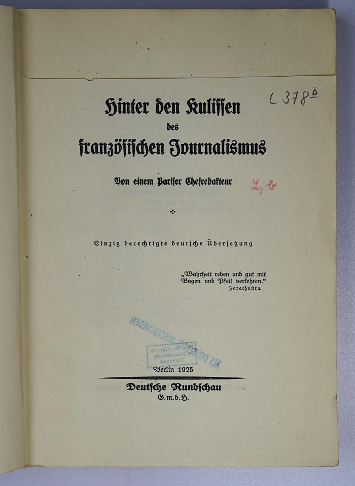 L 378b : Hinter den Kulissen des französischen Journalismus (1925)