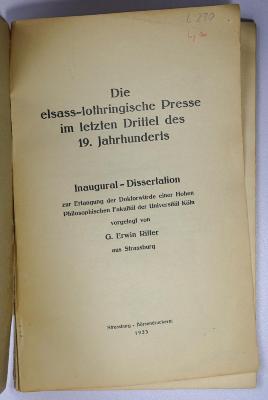 L 290 : Die elsass-lothringische Presse im letzten Drittel des 19. Jahrhunderts (1933)