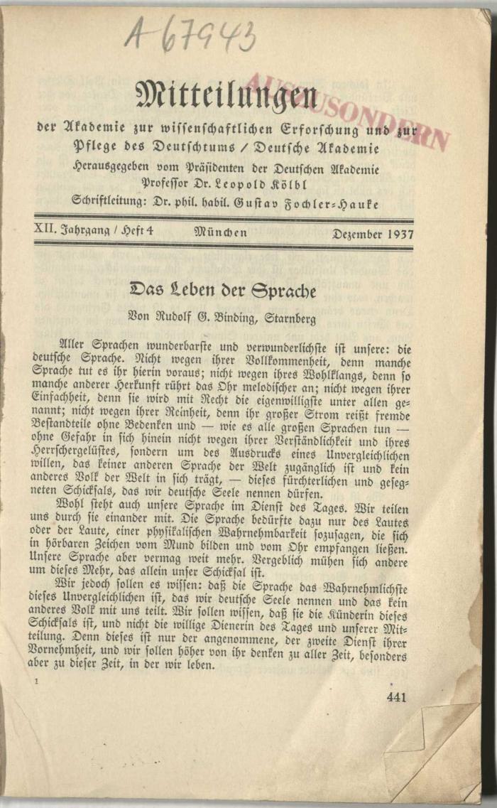 Z-0789 : Mitteilungen der Akademie zur wissenschaftlichen Erforschung und zur Pflege des Deutschtums (1937)