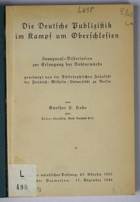 L 498 : Die Deutsche Presse im Kampf um Oberschlesien (1939/40)