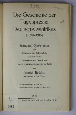 L 503 : Die Geschichte der Tagespresse Deutsch-Ostafrikas (1899-1916) (1937)