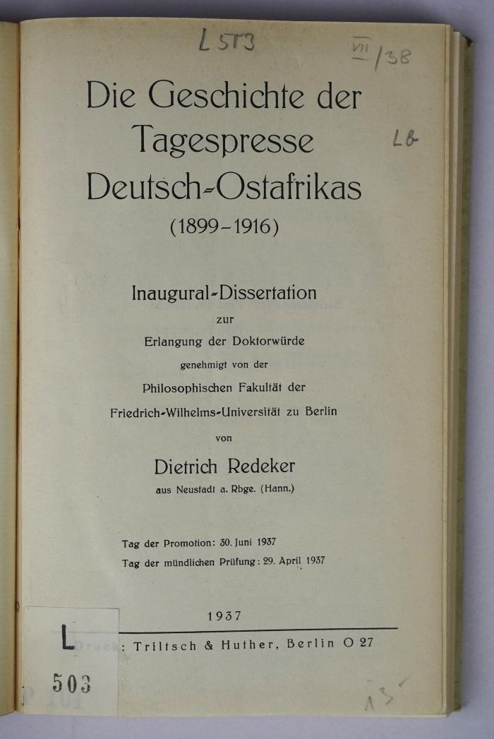 L 503 : Die Geschichte der Tagespresse Deutsch-Ostafrikas (1899-1916) (1937)