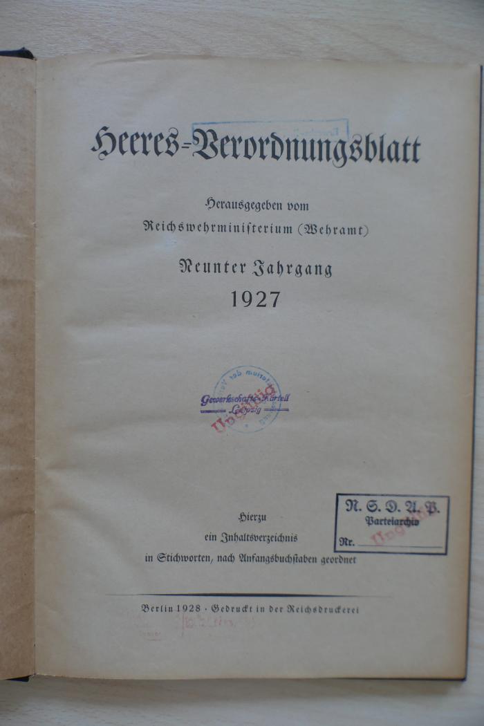 Z 23-9.1927 (2. Ex) : Heeres-Verordnungsblatt. – 9. (1927) (1927)