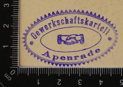 - (Gewerkschaftskartell Apenrade), Stempel: Name, Ortsangabe; 'Gewerkschaftskartell 
Apenrade'.  (Prototyp)