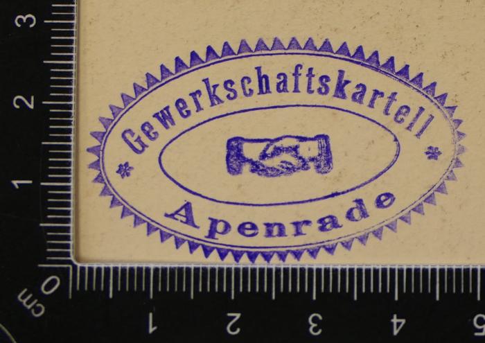 - (Gewerkschaftskartell Apenrade), Stempel: Name, Ortsangabe; 'Gewerkschaftskartell 
Apenrade'.  (Prototyp)