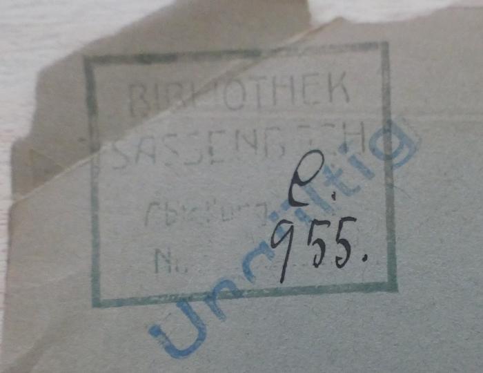 - (Sassenbach, Johann), Stempel: Berufsangabe/Titel/Branche, Name; 'Bibliothek
Sassenbach.
Abteilung
Nr.'.  (Prototyp)
