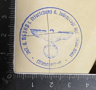 - (Institut der NSDAP zur Erforschung der Judenfrage. Abteilung Ostjudentum), Stempel: Name; 'Inst. d. NSDAP z. Erforschung d. Judenfrage Abt. Ostjudentum Litzmannstadt'.  (Prototyp)