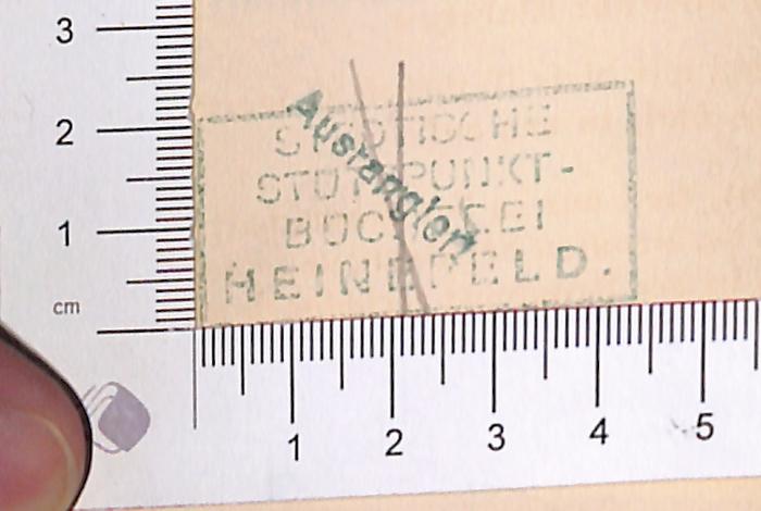 -, Stempel: ; 'Städtische Stützpunkt-Bücherei Heinefeld' (Prototyp)