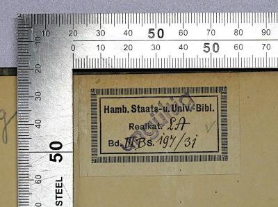 Bg 511 : Staatsgefüge und Zusammenbruch des zweiten Reiches (1934);-, Etikett: Berufsangabe/Titel/Branche, Name, Signatur; 'Hamb. Staats- u. Univ.-Bibl. Realkat. LA Bd. III Bs 197/31'