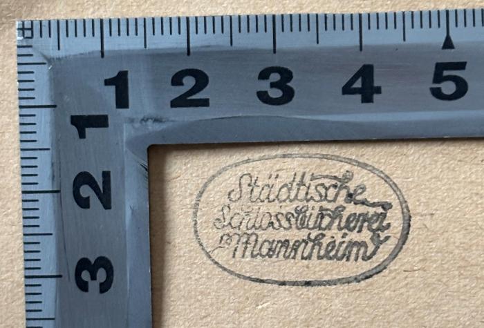 - (Städtische Schlossbücherei Mannheim), Durchgestrichen: Berufsangabe/Titel/Branche, Ortsangabe; 'Städtische Schlossbücherei Mannheim'.  (Prototyp)