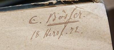 Hk 486 3 1: Die Metaphysik des Aristoteles. Dritter Band, des Commentars erste Hälfte (1847);- (Bösser[?], E.), Von Hand: Autogramm, Name, Ortsangabe, Datum; 'E. Bösser.
18 Hersf. 72.'. 