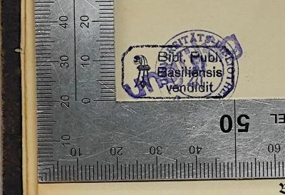 Bg 593-5 : Gesammelte Schriften von Ludwig Bamberger. Politische Schriften von 1879 bis 1892. (1897);- (Universität Basel), Stempel: Berufsangabe/Titel/Branche, Besitzwechsel; 'Bibl. Publ. Basiliensis vendidit'. 