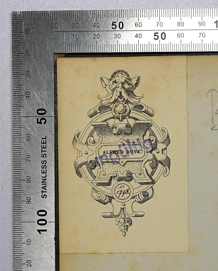 Bg 595 : Die gewerbliche Arbeiterfrage (1882);-, Etikett: Exlibris, Name, Nummer; 'Alfred Dove No 1778.'