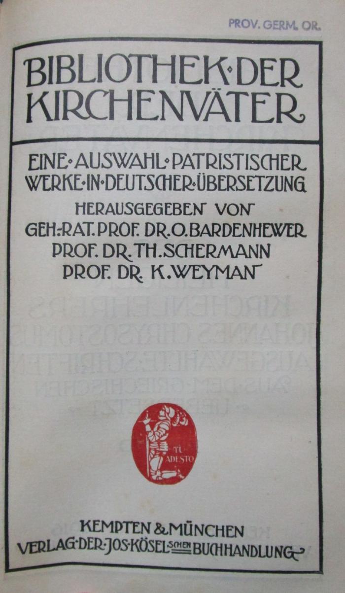 Uk 202 2 2.Ex.: Des heiligen Kirchenlehrers Johannes Chrysostomus ausgewählte Schriften. Kommentar zum Evangelium des Hl. Matthäus. II. Band (1916)