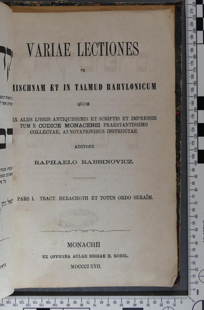 296.864 RABI 1,1;296.864 RABI 1,2 ; ;: ספר דקדוקי סופרים : כולל נוסחאות וגירסאות הנמצאות בתלמוד כתב יד משנת ק"ג לאלף הששי המנוח בעיר מינכען בעקד הספרים אשר לממלכת בייערן השונות מנוסחאות התלמוד המצוי בידינו בדפוס
...
(רבינוביץ, רפאל נתן נטע)

Variae Lectiones in Mischnam et in Talmud Babylonicum quum es aliis Libris antiquissimis et scriptis et Impressis tum e Codice Monacensi praestantissimo collectae, anntationibus instructae auctore Raphaelo Rabbinovicz. Pars I. Tract. Berachoth et totus Ordo Seraim. (1867)
