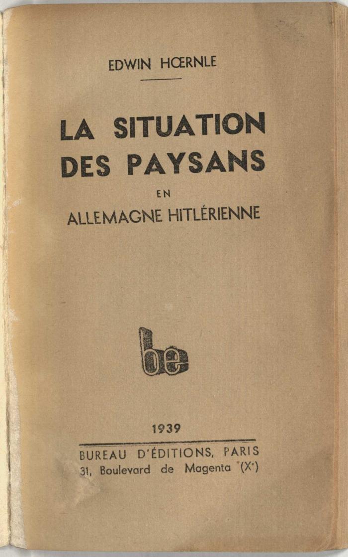 Z-1697 : La Situation des Paysans en Allemagne Hitlérienne (1939)