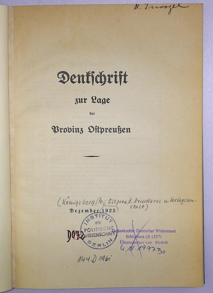 D 072 Den : Denkschrift zur Lage der Provinz Ostpreußen (1925)